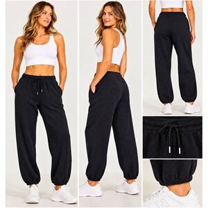 Athleta Womens M Black Waffle Knit Thermal Jogger Pants Drawstring Relaxed